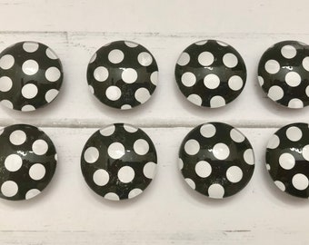 6-8 Black and White Glass Magnets, Polka Dot Magnets, Polka Dot Decor, Polka Dot Refrigerator Magnets, Polka Dot Kitchen Magnets