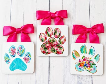 Colorful Paw Print Christmas Ornament, Floral Dog Paw Ornament, Dog Lover Gift, Pink Bow Metal Ornament, Dog Mom Christmas Gift