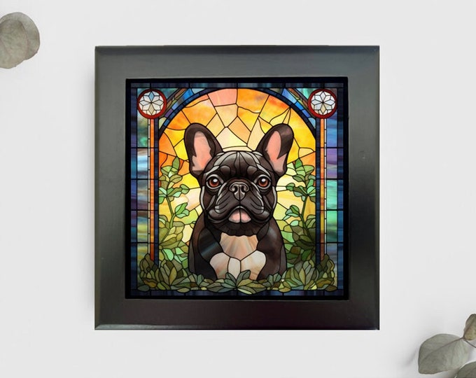 French Bulldog Jewelry or Keepsake Box, French Bulldog Memory Box, French Bulldog Gift, Frenchie Pet Loss Gift, Faux Stained Glass Tile Box