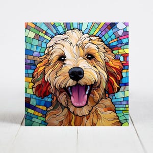 Mini GoldenDoodle Ceramic Tile, Mini GoldenDoodle Decorative Tile, Mini GoldenDoodle Gift, GoldenDoodle Coaster, Faux Stained-Glass Dog Art