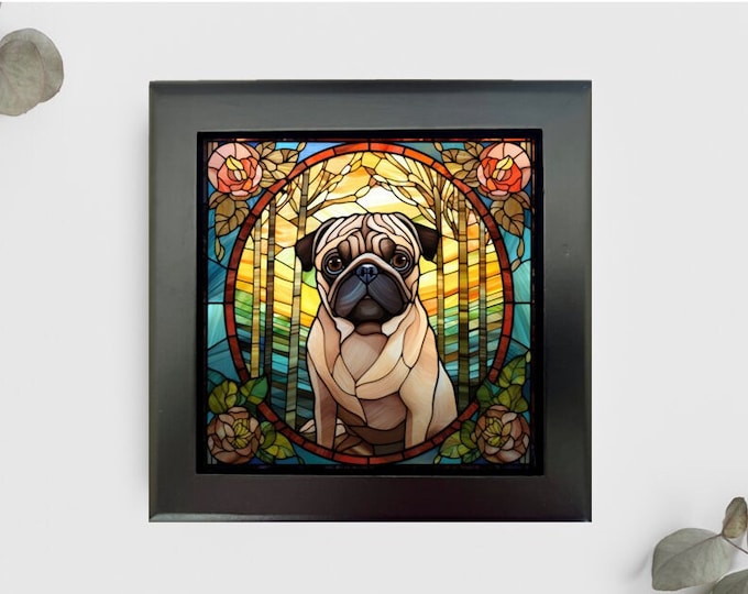 Pug Jewelry or Keepsake Box, Pug Memory Box, Pug Pet Loss Gift, Pug Decorative Box, Pug Faux Stained-Glass Style Box