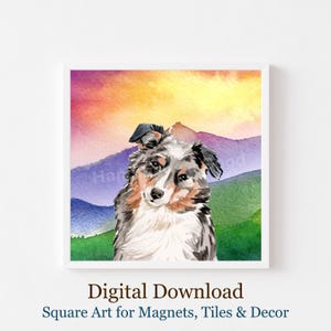 Può includere: Dipinto ad acquerello di un cane pastore australiano con un colorato tramonto e montagne sullo sfondo. L'opera d'arte è quadrata e incorniciata in bianco. Il testo "Digital Download" e "Square Art for Magnets, Tiles & Decor" è in basso.