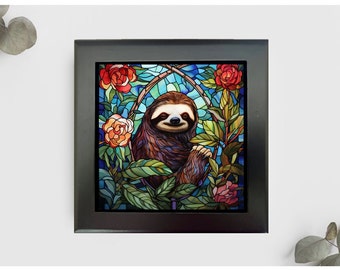 Sloth Jewelry or Keepsake Box, Sloth Memory Box, Sloth Decorative Box, Sloth Gift, Sloth Home Decor, Faux Stained Glass