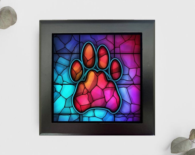 Paw Jewelry or Keepsake Box, Paw Memory Box, Paw Decorative Box, Pet Loss Gift, Paw Gift, Faux Stained Glass