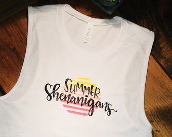 Summer Shenanigans muscle tank top, womens muscle tank, shenanigans shirt, trendy summer top, summer shirt, razorback tank, ladies tank top