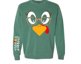 Gobble Sweatshirt, Turkey Day Sweatshirt, Thanksgiving Shirt, Turkey Face Sweatshirt w/glasses, Comfort Colors, Funny Turkey Face Sweatshirt