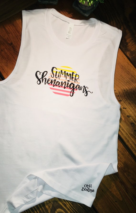 Summer Shenanigans muscle tank top, womens muscle tank, shenanigans shirt, trendy summer top, summer shirt, razorback tank, ladies tank top