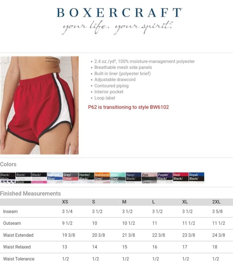 Op de afbeelding: Rode en witte sport shorts met een zwarte bies. De shorts hebben een zijzak en een trekkoord. De maattabel toont de afmetingen in inches voor XS, S, M, L, XL en 2XL.
