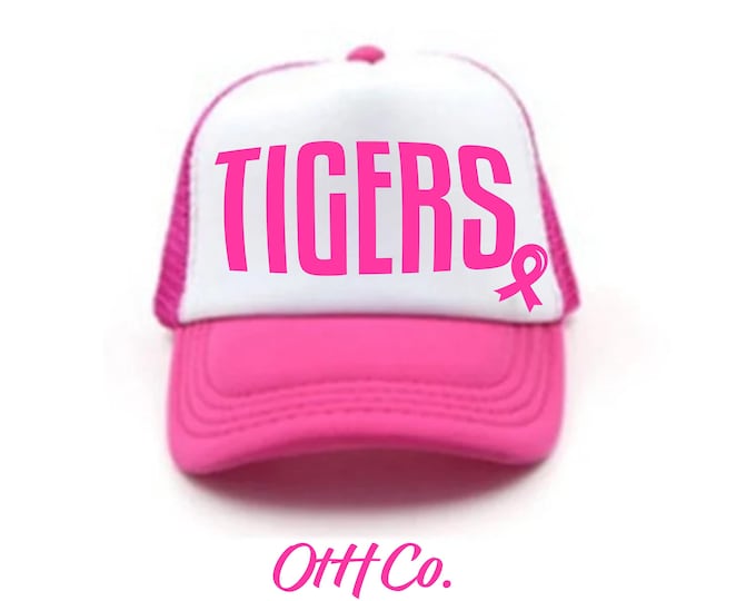Featured listing image: Pink Out Team trucker hat/Team spirit Breast Cancer trucker hat/Pink ribbon hat/All Pink School spirit hat/Mascot pink hat/Pink Out team hat