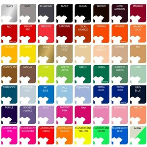 May include: A color chart with 100 different colors, each represented by a small square. The colors are arranged in rows and columns, and each square has a white T-shirt icon on it. The colors include white, silver, gray, charcoal, black, brown, dark maroon, maroon, burgundy, red, bright red, hibiscus, cardinal, Texas orange, orange, orange soda, mustard, sun, yellow, lemon, gold, Vegas gold, cream, light apricot, cashew, tan, latte, hazelnut, chocolate, mocha, lime, green apple, green, green, cadet green, sage, green olive, dark green, turquoise, powder blue, sky blue, pale blue, periwinkle, royal blue, royal blue, navy blue, navy blue, purple, purple, wicked purple, lilac, passion pink, pink, bubblegum, flamingo, melon, pale peach, light pink, fluorescent pink, fluorescent raspberry, fluorescent coral, fluorescent orange, fluorescent yellow, fluorescent green, fluorescent blue, and glow.