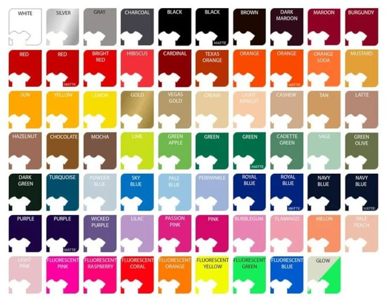 May include: A color chart with 100 different colors, each represented by a small square. The colors are arranged in rows and columns, and each square has a white T-shirt icon on it. The colors include white, silver, gray, charcoal, black, brown, dark maroon, maroon, burgundy, red, bright red, hibiscus, cardinal, Texas orange, orange, orange soda, mustard, sun, yellow, lemon, gold, Vegas gold, cream, light apricot, cashew, tan, latte, hazelnut, chocolate, mocha, lime, green apple, green, green, cadet green, sage, green olive, dark green, turquoise, powder blue, sky blue, pale blue, periwinkle, royal blue, royal blue, navy blue, navy blue, purple, purple, wicked purple, lilac, passion pink, pink, bubblegum, flamingo, melon, pale peach, light pink, fluorescent pink, fluorescent raspberry, fluorescent coral, fluorescent orange, fluorescent yellow, fluorescent green, fluorescent blue, and glow.