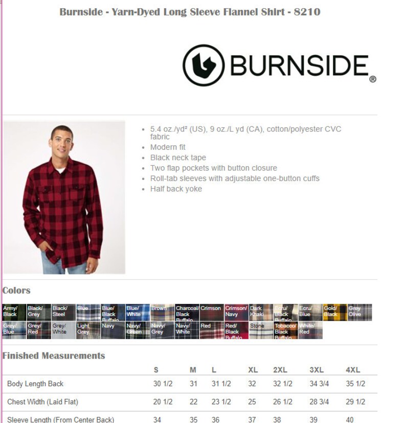 May include: A red and black plaid long-sleeve flannel shirt with a modern fit. The shirt has two flap pockets with button closures, roll-tab sleeves with adjustable one-button cuffs, and a half back yoke. The shirt is made of a cotton/polyester blend fabric. The size chart shows measurements in inches.