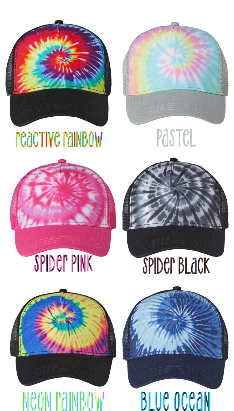 May include: Six different tie-dye trucker hats with a variety of colors and patterns. The hats are all black mesh with a solid colored front panel. The front panels feature a tie-dye pattern in the following colors: reactive rainbow, pastel, spider pink, spider black, neon rainbow, and blue ocean.