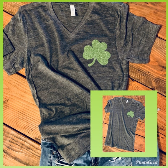 St Patrick Day Vneck,Clover Glitter tee,St Paddys Day,Shamrock tshirt,womens vneck st pattys day,Lucky vneck shirt,chartreuse vneck tee