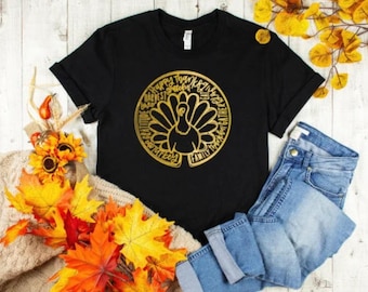Family, Thankful, Gather tee/Thanksgiving Turkey tshirt/Happy Thanksgiving tshirt/Gold Turkey tee/Turkey Day tshirt/unisex holiday shirt
