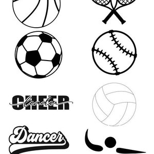 Op de afbeelding: Zwart-witte illustraties van verschillende sporten en activiteiten, waaronder basketbal, voetbal, honkbal, tennis, volleybal, cheerleading, dansen en zwemmen.