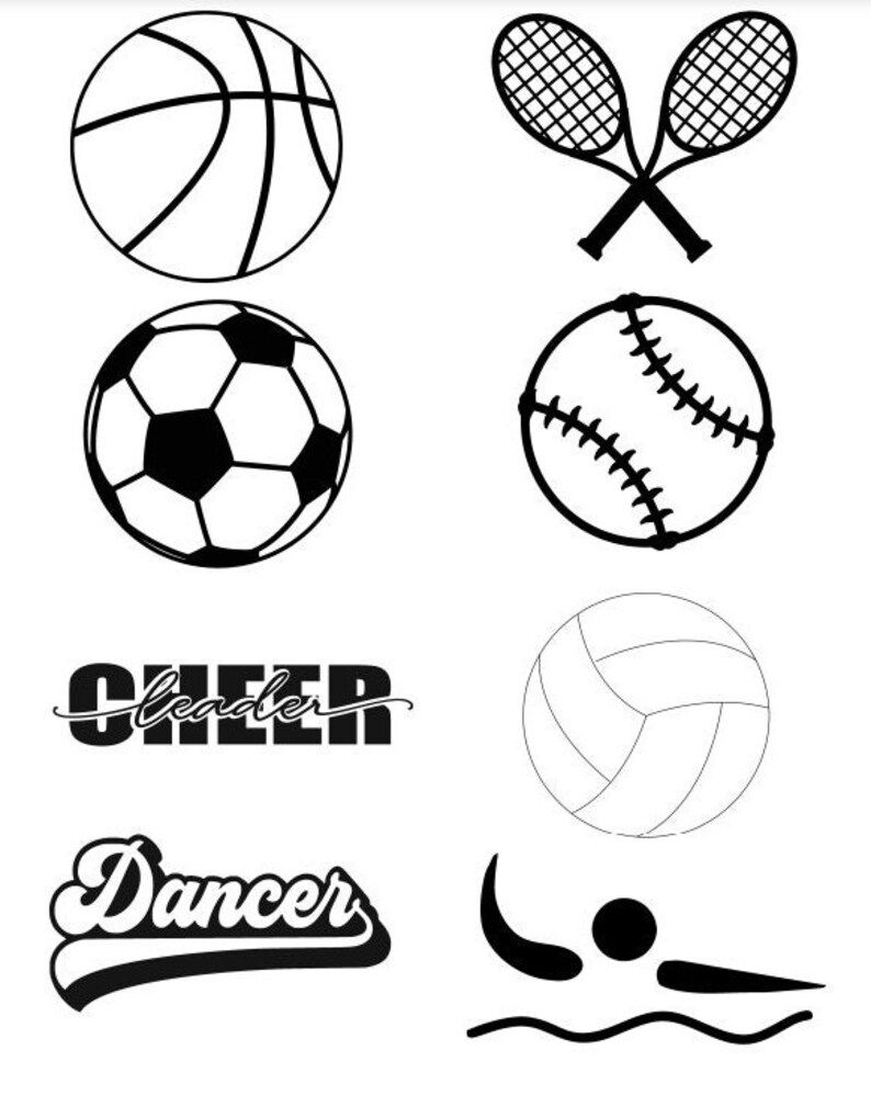 Op de afbeelding: Zwart-witte illustraties van verschillende sporten en activiteiten, waaronder basketbal, voetbal, honkbal, tennis, volleybal, cheerleading, dansen en zwemmen.