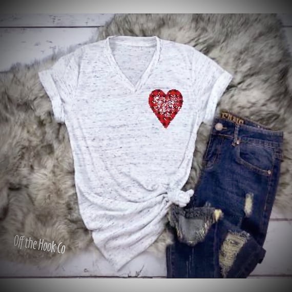 Buffalo plaid heart vneck tee/Distressed plaid heart shirt/Valentines Day tshirt/Women's vneck heart shirt/Love tshirt/Gifts for her/Xoxo