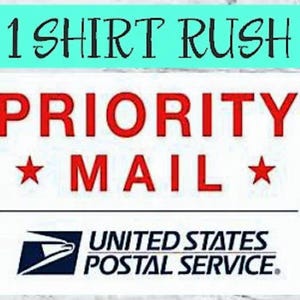 May include: White label with red text that says "PRIORITY MAIL" with a red star on each side. The label also has a blue and white United States Postal Service logo.