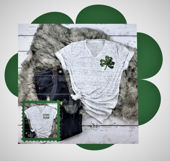 St Patricks Day V-Neck Shirt: Distressed Clover, Lucky Charm Tee