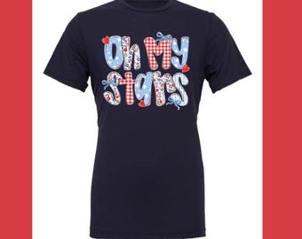 Oh My Stars tee, America Strawberry Tee, 4th July shirt, Fireworks shirt, USA t-shirt, Red White and Blue, America tee, Coquette bow shirt