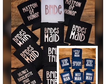 Bridal Party Can Cooler, Bride/Groom can holder, Bridesmaid gifts,Groomsmen can coolers, Best Man gifts, Custom Bridal Favor, Wedding Favors