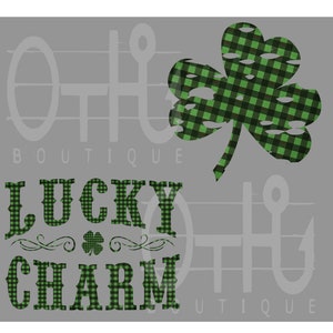 May include: Green and black checkered shamrock with the text "LUCKY CHARM" in the same checkered pattern.
