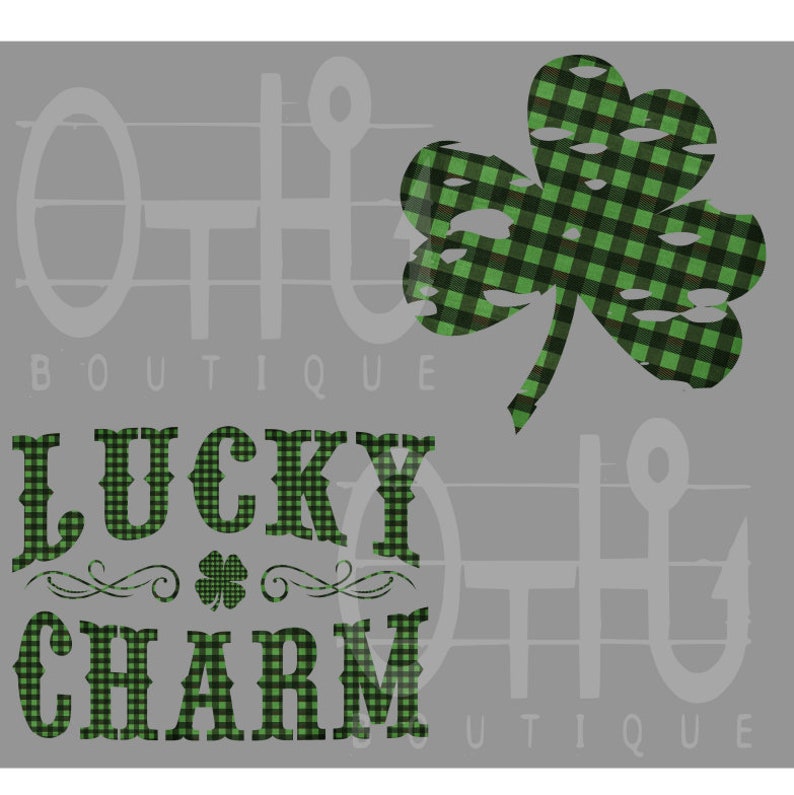 May include: Green and black checkered shamrock with the text "LUCKY CHARM" in the same checkered pattern.