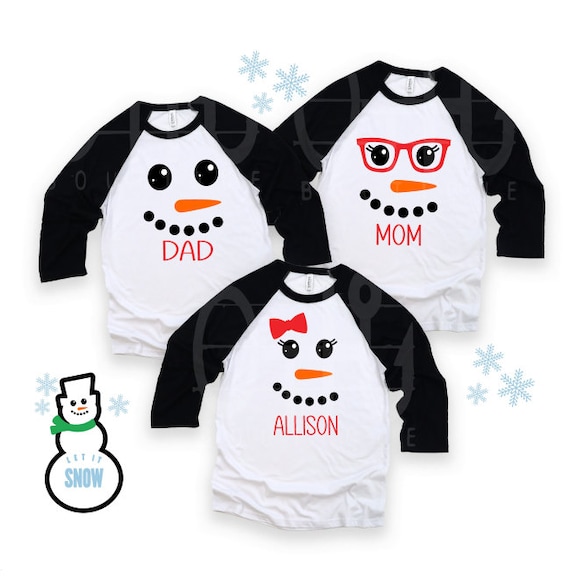 Snowman family shirts, Raglan Snowman tees, Family Snowmen matching shirts, Frosty the Snowman, Personalized Snowman Shirts, Let it Snow