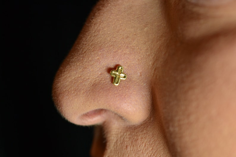 14K Genuine Yellow Gold Cross Nose Ring