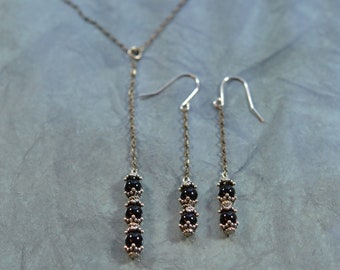 Antiqued Chain Black Onyx and Sterling Silver Earrings and Necklace Set