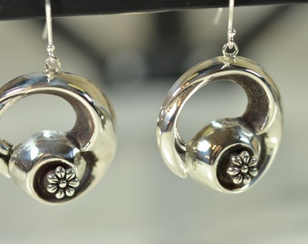 Unique Sterling Silver Swirl Design With Flower Dangle Earrings