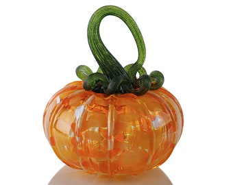 Candy Corn w/ Green Stem - MINI Light Up Pumpkin - 12 Point Mold | Handblown Glass Pumpkin | Night Light | Pumpkin Decor | Halloween