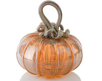 Lucent Caramel - MINI Light Up Pumpkin - 12 Point Mold | Handblown Glass Pumpkin | Night Light | Pumpkin Decor