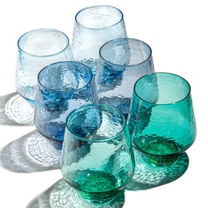 HYDRATE Set of 6 - Sparkling HANDBLOWN Stemless Glassware | Hammered Glass | Wine Glass | Cocktail Glass | Drinkware | Barware | Wedding
