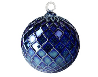 Metallic Mountain Blue Diamond Cut Ornament | Hand Blown Glass Ornament | Sun Catcher | Gazing Ball | Holiday Ornament | Gift