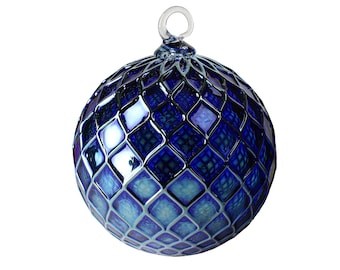 Metallic Mountain Blue | Handblown Glass Ornament | Handmade in CA | Sun Catcher | Gazing Ball | Holiday Ornament | Gift | Diamond Pattern
