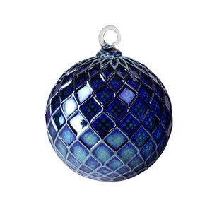 Metallic Mountain Blue | Handblown Glass Ornament | Handmade in CA | Sun Catcher | Gazing Ball | Holiday Ornament | Gift | Diamond Pattern