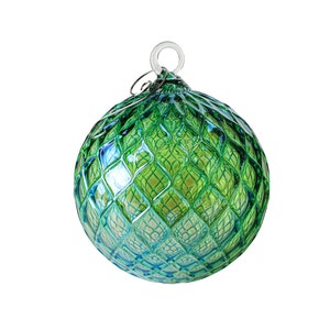 Metallic Green Blue | Handblown Glass Ornament | Handmade in CA | Sun Catcher | Gazing Ball | Holiday Ornament | Gift | Diamond Pattern