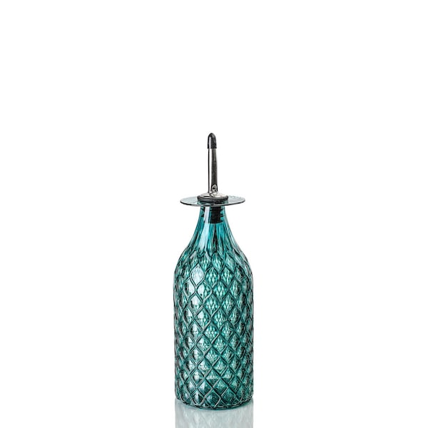 Turquoise Diamond Cut Bottle | Handblown Glass | Olive Oil Bottle | Soap Dispenser | Massage Oil | Vinegar | Balsamic | Barware | Handmade