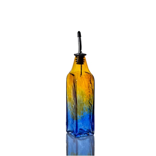 Hand Blown Glass Olive Oil Dispenser, Soap Dispenser, Olive Oil Bottle, Vinegar Bottle - Amber & Blueberry