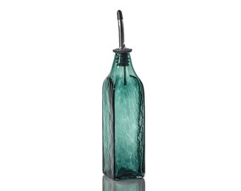 Hand Blown Glass Olive Oil Dispenser, Soap Dispenser, Olive Oil Bottle, Vinegar Bottle - Deep Pine