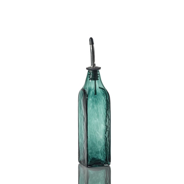 Hand Blown Glass Olive Oil Dispenser, Soap Dispenser, Olive Oil Bottle, Vinegar Bottle - Deep Pine