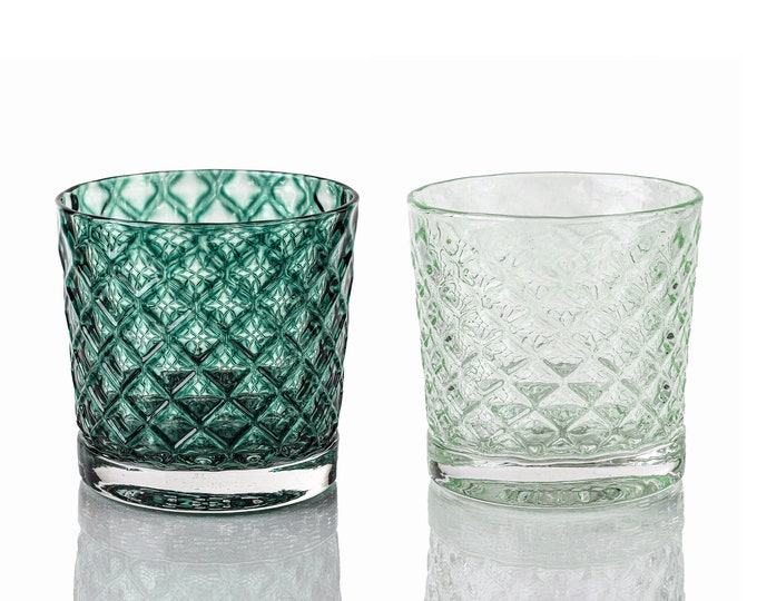 Deep Pine & Wintergreen Mindala Glass Set - Hand Blown Glass - Glassware - Drinkware - Cocktail Glass - Retro Modern Decor
