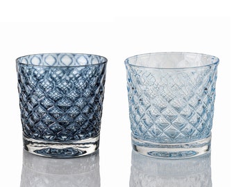 Ice & Slate Blue Mindala Glass Set - Hand Blown Glass - Glassware - Drinkware - Cocktail Glass - Retro Modern Decor