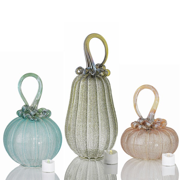 Whimsical - Mixed Pumpkin Set with Tealight | Hand Blown Glass Pumpkin Candle | Glass Candle | Light Up Pumpkin