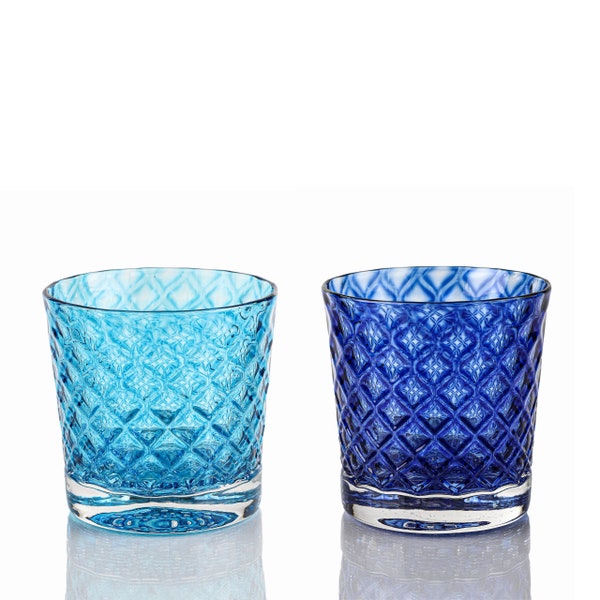 Blueberry & Aqua Mindala Glass Set - Hand Blown Glass - Glassware - Drinkware - Cocktail Glass - Retro Modern Decor