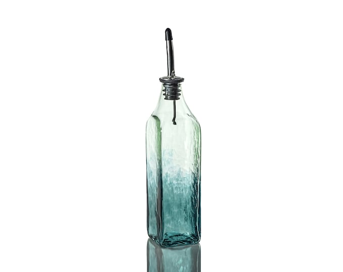 Hand Blown Glass Olive Oil Dispenser, Soap Dispenser, Olive Oil Bottle, Vinegar Bottle - Wintergreen & Deep Pine