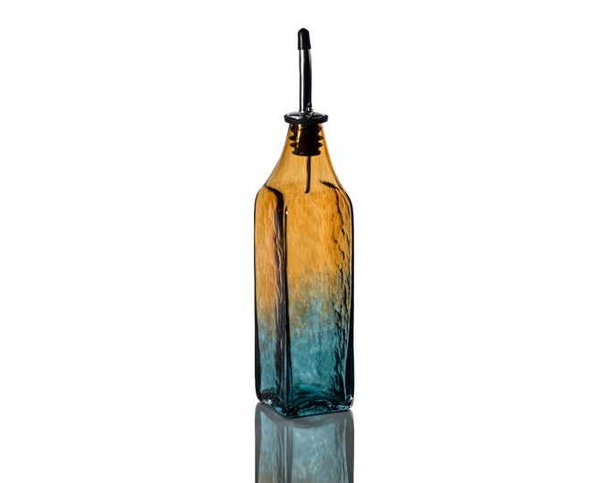 Hand Blown Glass Olive Oil Dispenser, Soap Dispenser, Olive Oil Bottle, Vinegar Bottle - Amber & Deep Pine