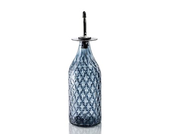 Slate Blue Diamond Cut Bottle | Handblown Glass | Olive Oil | Soap | Massage Oil | Vinegar | Bar Accessories | Gift